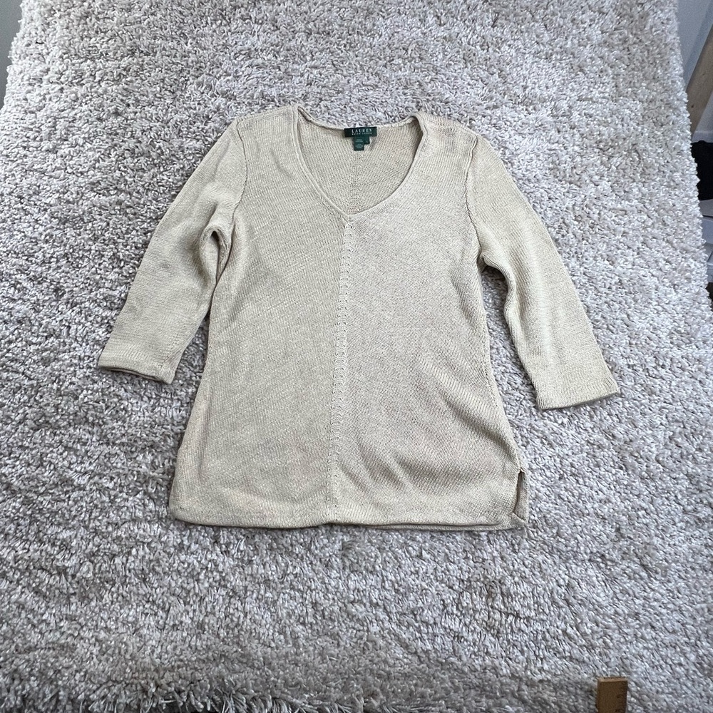 Ralph Lauren Cream V-Neck Lightweight Knit Sweater